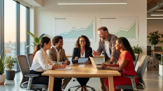 A vibrant image of small business owners collaborating and looking optimistic, with subtle growth charts in the background, set in a modern, friendly business environment.