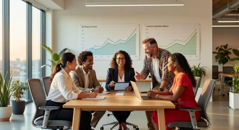 A vibrant image of small business owners collaborating and looking optimistic, with subtle growth charts in the background, set in a modern, friendly business environment.