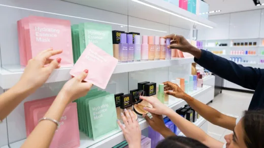 A vibrant image of various K-beauty products on a shelf, with diverse hands (representing global consumers) reaching for them, in a bright, modern store setting, conveying a sense of global popularity and excitement.