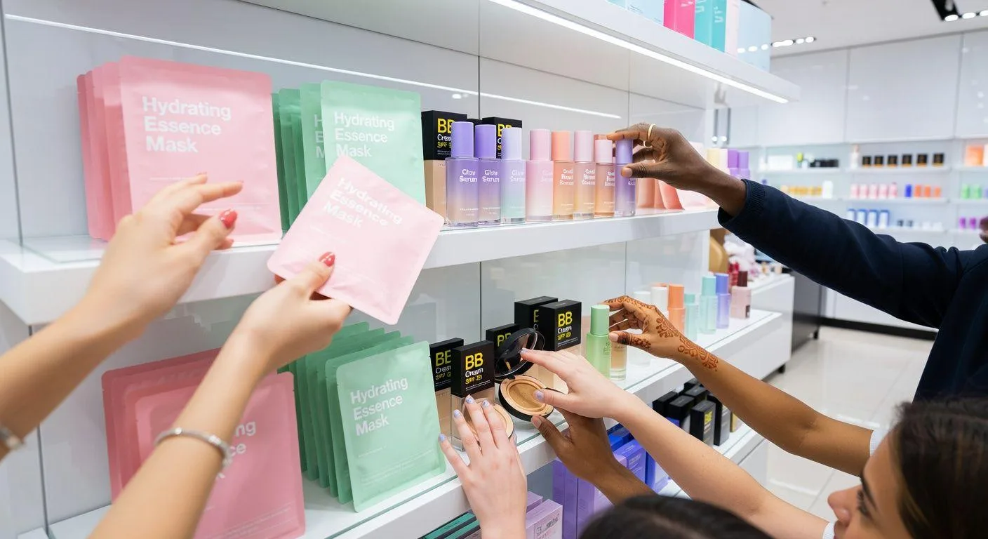 A vibrant image of various K-beauty products on a shelf, with diverse hands (representing global consumers) reaching for them, in a bright, modern store setting, conveying a sense of global popularity and excitement.