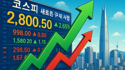 A vibrant Korean stock market with rising arrows, depicting a positive outlook and growth due to new regulations. In the background, modern Seoul skyline is visible.