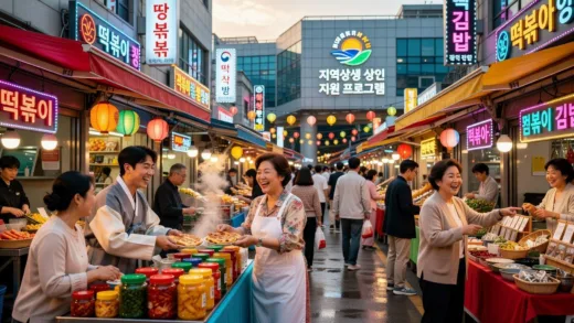 A vibrant, modern Korean street market with small business owners looking happy and successful, a subtle government support program logo in the background, mobile-optimized style.