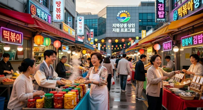 A vibrant, modern Korean street market with small business owners looking happy and successful, a subtle government support program logo in the background, mobile-optimized style.