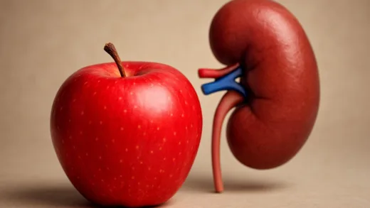 A vibrant red apple with a healthy kidney in the background, symbolizing protection and health.
