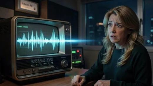 A vintage 2026 radio station broadcasting, with a mysterious, unsettling sound wave emanating from the radio, a worried female radio host looking at the sound meter, in a retro-futuristic style.