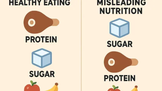 A visual comparison showing healthy eating guidelines versus misleading nutrition information, with icons representing protein, sugar, and fruits