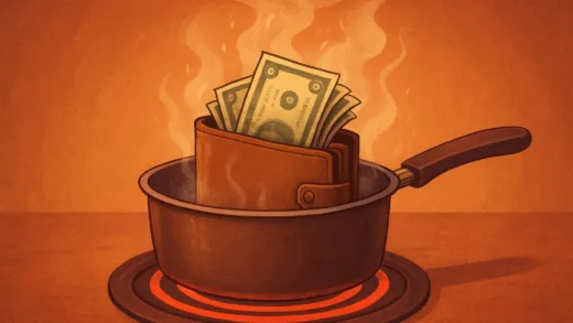 A visual metaphor of a slowly evaporating wallet in a pot on a stove, showing money gradually disappearing with steam, representing the invisible drain of purchasing power during an economic downturn, digital art style with warm tones and subtle movement.
