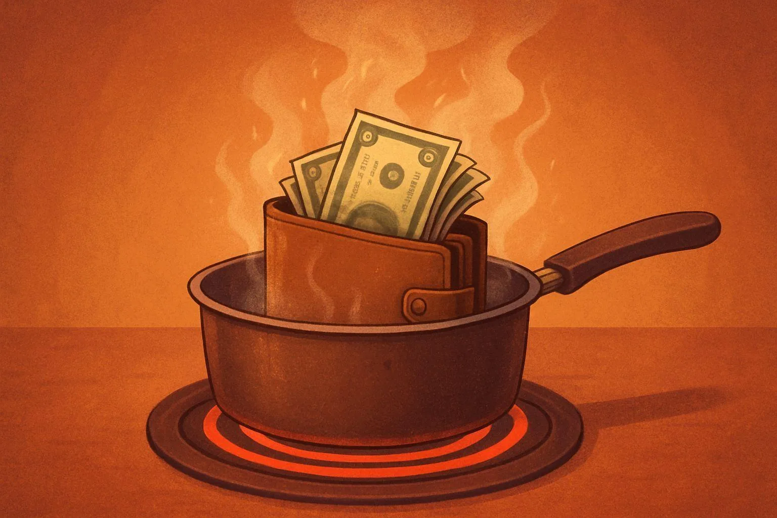 A visual metaphor of a slowly evaporating wallet in a pot on a stove, showing money gradually disappearing with steam, representing the invisible drain of purchasing power during an economic downturn, digital art style with warm tones and subtle movement.