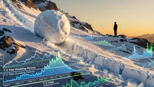 A visual metaphor of compound interest as a growing snowball rolling down a mountain, accumulating mass exponentially over time, with Warren Buffett's silhouette in the background watching the snowball grow, financial charts and timeline showing 7.2 year doubling periods in the foreground.