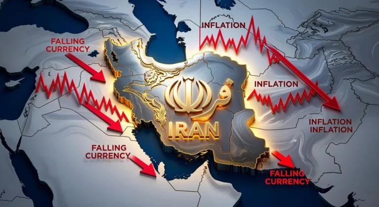 A visual representation of a resilient Iranian economy, perhaps a stylized map of the Middle East with a strong Iran symbol, surrounded by economic indicators like falling currency and inflation, yet still standing strong.