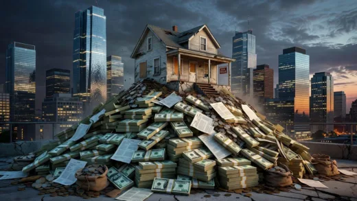 A visual representation of a towering pile of money with a small house on top, symbolizing household debt and real estate, against a backdrop of a modern city skyline.