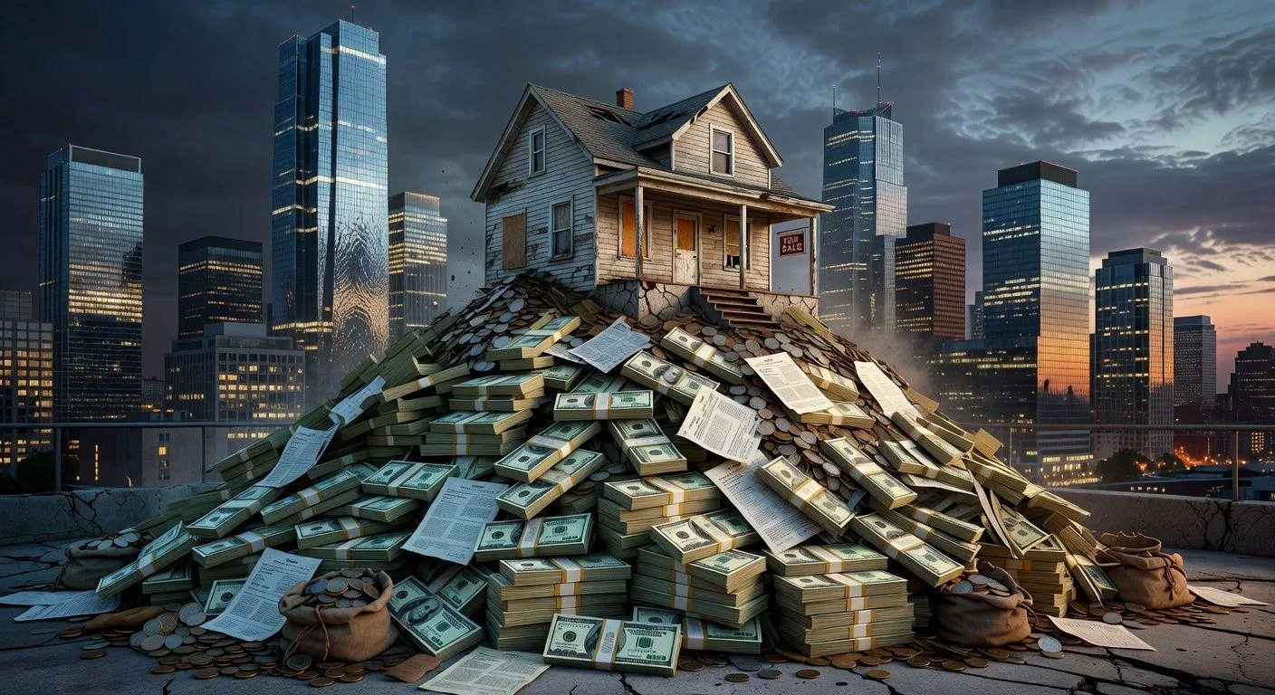 A visual representation of a towering pile of money with a small house on top, symbolizing household debt and real estate, against a backdrop of a modern city skyline.