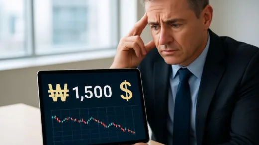 A visual representation of currency exchange rates showing Korean won and US dollar with 1500 won to 1 dollar ratio, with a concerned investor looking at stock market graphs on a digital tablet in modern office setting.