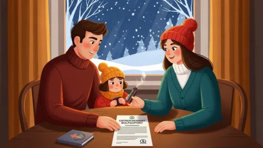 A warm illustration showing a family receiving financial support for heating bills, with snow outside the window and a government document on the table, digital art style