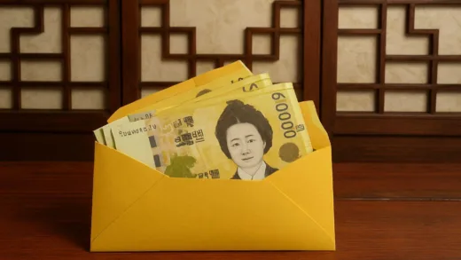 A yellow envelope with Korean currency, symbolizing hope and struggle, on a table. Traditional Korean background.
