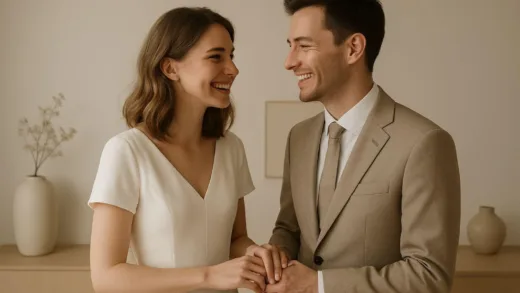 A young couple smiling happily, looking at each other, in a minimalist and modern setting, symbolizing a wedding without a traditional ceremony. The atmosphere is warm and intimate.