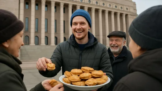 A young Finnish man smiling and sharing homemade pies with people in front of a parliament building, symbolizing resilience during unemployment