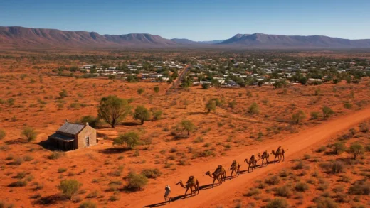 Aerial view of Alice Springs in the Australian Outback, showing the town surrounded by vast red desert landscapes with distant mountain ranges, historic telegraph station visible in foreground, a camel caravan moving along a dusty road, with clear blue sky above.