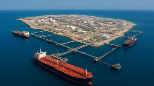 Aerial view of Kharg Island, Iran, with large oil tankers docked at a bustling, modern oil terminal under a clear sky. The water is deep blue, and the island is strategically positioned. Emphasize the vast infrastructure and its importance.