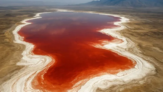 Aerial view of Lake Natron in Tanzania with its red waters and white salt crust, showing the dramatic landscape of the petrifying lake