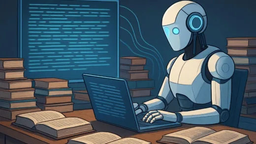 AI models processing vast amounts of text, digital library of books on a wide desk