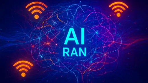 An abstract image showing AI neural networks intertwining with wireless communication signals, representing AI RAN. Future technology, bright colors, digital streams, connection points.
