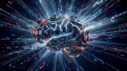 An abstract representation of an overflowing brain made of memory chips and data streams, symbolizing the challenge of AI memory usage, with a subtle glow, futuristic, digital art.