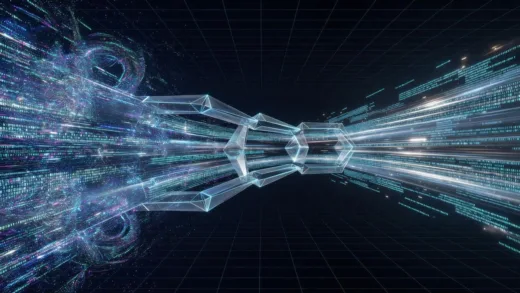 An abstract representation of data compression and expansion, with a focus on efficiency and speed in AI, showing compressed data flowing through a system.
