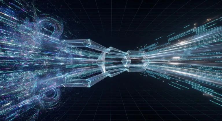 An abstract representation of data compression and expansion, with a focus on efficiency and speed in AI, showing compressed data flowing through a system.
