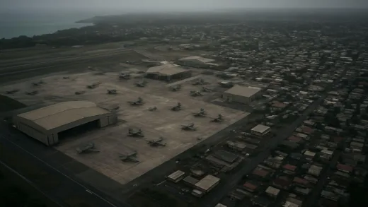 An aerial view of a vast US military air base on a subtropical island, with fighter jets and hangars, surrounded by a dense residential area. The scene is slightly ominous, showing the contrast between military infrastructure and civilian life.