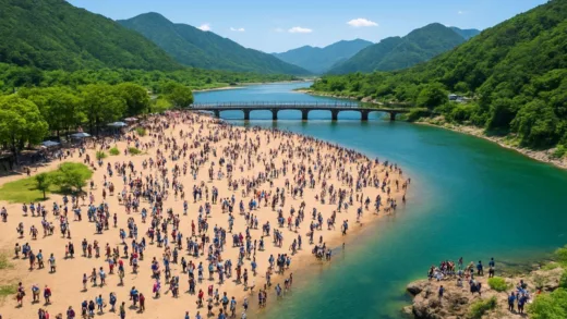 An aerial view of Cheongnyeongpo, Yeongwol, bustling with many tourists, surrounded by rivers and mountains, under a clear sky.