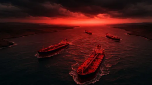 An aerial view of the narrow Hormuz Strait, with a few oil tankers navigating through choppy waters, surrounded by a subtle, ominous red glow indicating danger and conflict. The sky is dramatic with dark clouds, suggesting global economic tension.