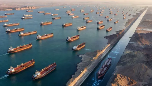 An aerial view of the Strait of Hormuz with many oil tankers, juxtaposed with a conceptual image of a new canal cutting through rugged mountains, symbolizing a bypass.