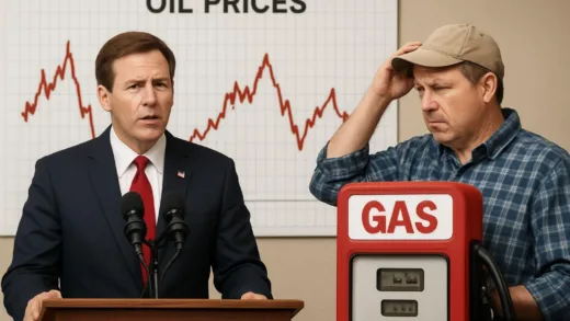 An American politician speaking at a podium, with a graph showing fluctuating oil prices in the background, a puzzled everyday American looking at a gas pump.