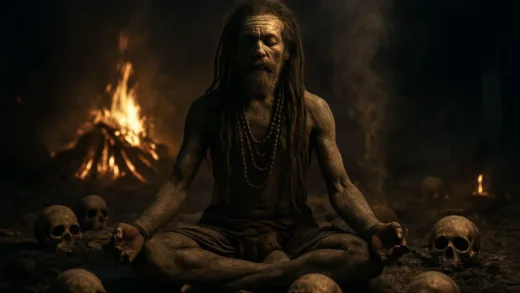 An ancient Hindu Aghori ascetic meditating at a cremation ground at night, with skulls and ashes around, mystical atmosphere, dramatic lighting, realistic photo style
