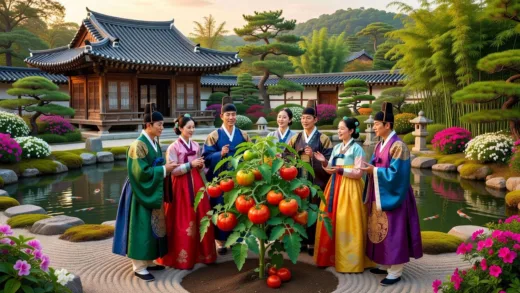 An ancient Korean garden in the 1600s, with a single tomato plant being admired for its ornamental beauty, not for food. People in traditional Korean clothing are observing it. Historical setting, vibrant colors.