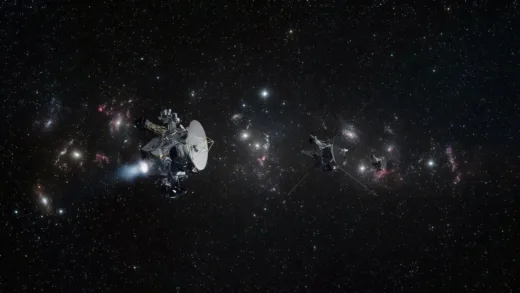 An artistic depiction of the New Horizons spacecraft chasing Voyager probes through deep space, stars and distant galaxies in the background, cinematic lighting, photorealistic style