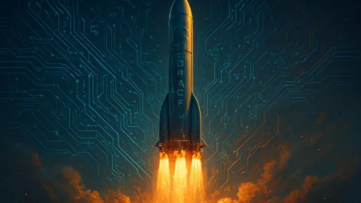 An artistic rendering of a futuristic rocket (SpaceX) launching into space, with subtle AI circuitry patterns overlayed, symbolizing the merger of space and artificial intelligence, dynamic lighting, high resolution, sci-fi art.