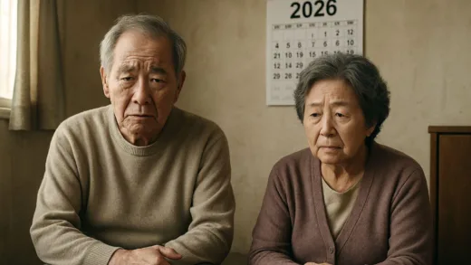 An elderly Korean couple looking worried about their future, sitting in a small, modest room, a calendar on the wall showing the year 2026. Realistic photography style.