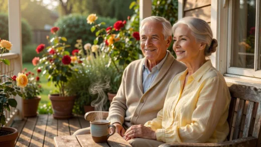An elderly man and woman enjoying a warm, sunny morning together, looking healthy and vibrant, with a steaming mug in the foreground.
