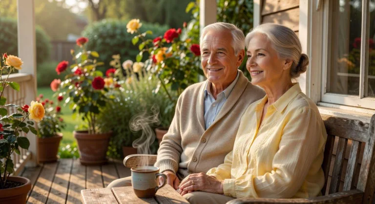 An elderly man and woman enjoying a warm, sunny morning together, looking healthy and vibrant, with a steaming mug in the foreground.