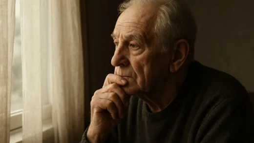 An elderly person looking thoughtfully out a window with soft light, reflecting on life decisions, emotional and contemplative scene