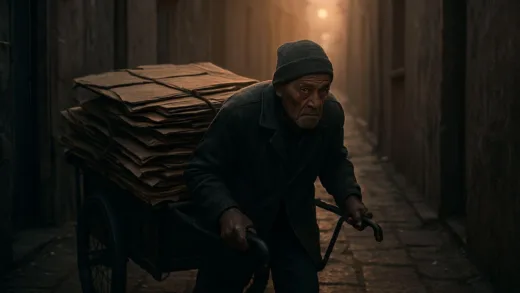 An elderly person with a weathered face, pulling a heavy cart filled with cardboard through a narrow, dimly lit alleyway at dawn. The image conveys hardship and resilience.