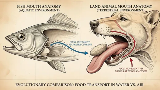 An evolutionary illustration comparing fish mouth anatomy without tongue and land animal mouth with developed muscular tongue, showing food movement in water vs air environment, scientific diagram style