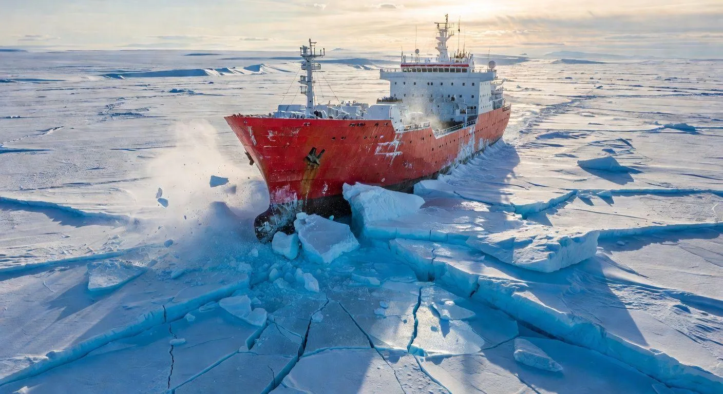 An icebreaker ship cutting through thick Arctic ice, showing its wedge-shaped bow riding up onto the ice and breaking it with its weight, dramatic lighting, realistic detail, high contrast between blue ice and red ship hull