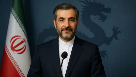 An image showing a confident Iranian diplomat, with a subtle, almost hidden, silhouette of the Great Wall of China or a Chinese dragon in the background, symbolizing hidden support. The setting is a formal press conference.