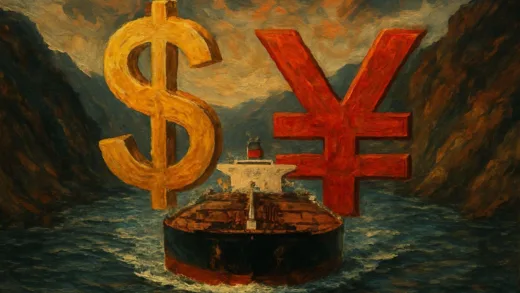 An oil tanker navigating a narrow strait, with overlapping currency symbols of US dollar and Chinese yuan, surrounded by geopolitical tension and economic uncertainty.