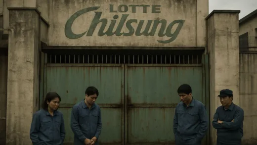 An old beverage factory closing its gates in Gwangju, South Korea, with a faded Lotte Chilsung logo and a few workers looking sad. Year 2026.