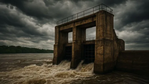 An old concrete water control structure holding back the mighty Mississippi River, with powerful currents hinting at its desire to change course. The structure looks strained, under a stormy sky, symbolizing its age and the immense pressure it withstands.