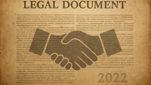 An old, slightly worn legal document with a handshake silhouette in the background, symbolizing past labor dispute settlements. The year 2022 is faintly visible.